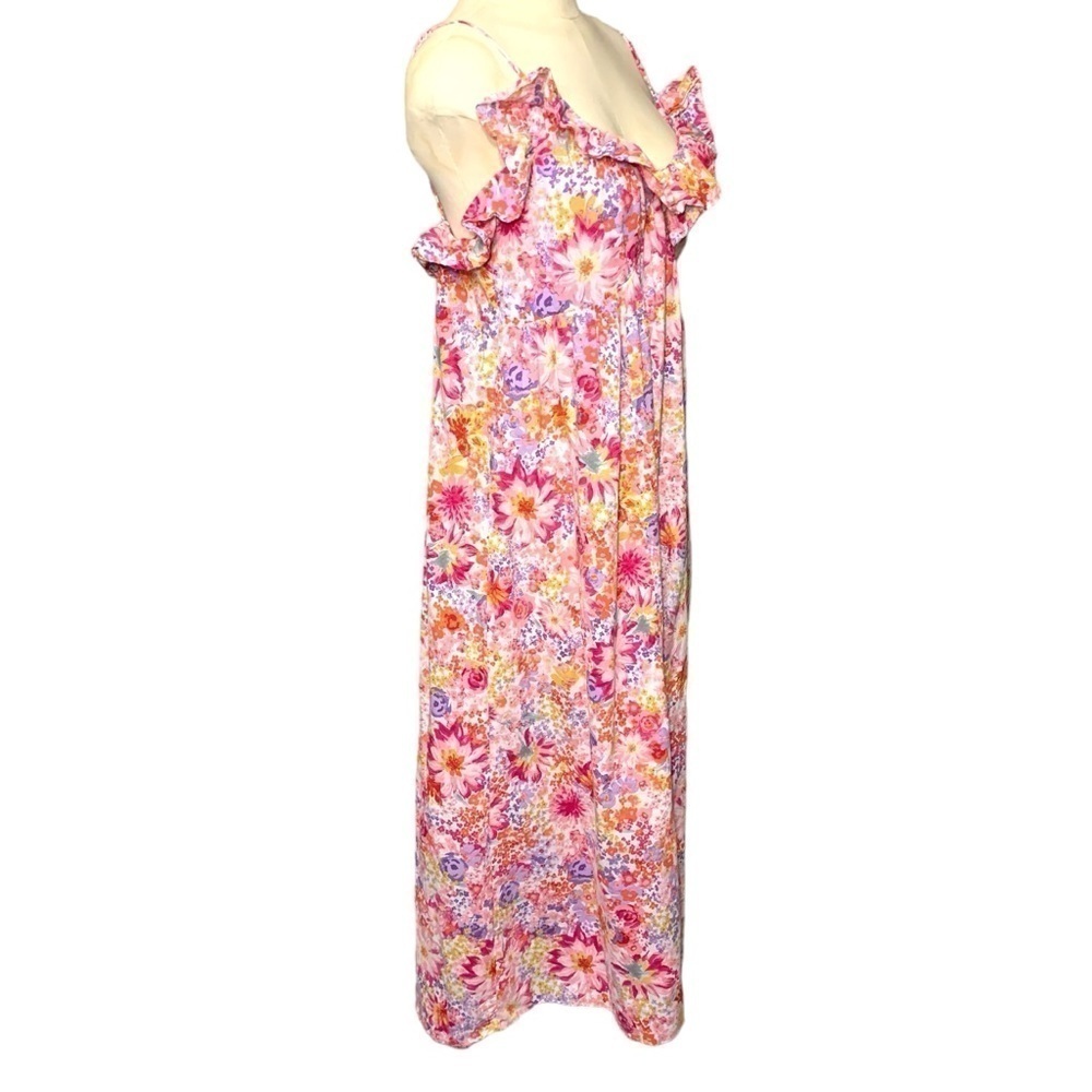 Floral Maxi Dress Pink Sz M Colorful Cotton Ruffle Neckline Boho Prairie - Picture 3 of 13